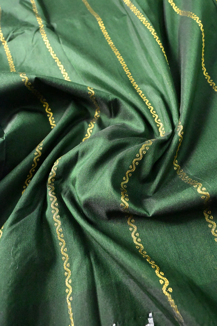 Dark Green Ilkal Weave Art Silk Bagalkote Saree with Zari Veldhari Horizontal Stripes and Contrast Temple Border | SHOBITAM