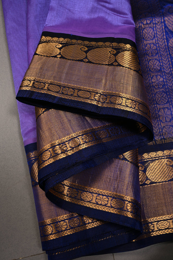 Lavender Dual Tone Kanchi Silk Cotton Handloom Saree with Contrast Paisley Zari Border | SHOBITAM