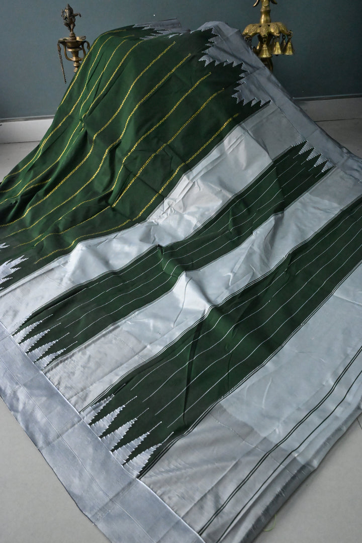 Dark Green Ilkal Weave Art Silk Bagalkote Saree with Zari Veldhari Horizontal Stripes and Contrast Temple Border | SHOBITAM