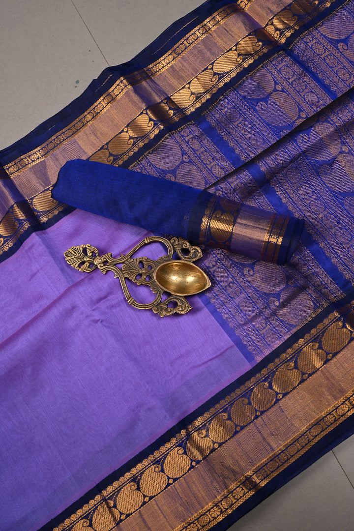 Lavender Dual Tone Kanchi Silk Cotton Handloom Saree with Contrast Paisley Zari Border | SHOBITAM