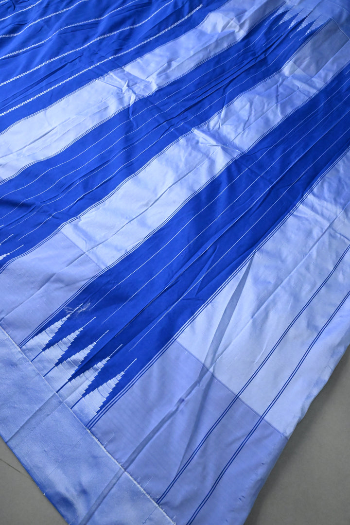 Royal Blue Zariless Ilkal Weave Art Silk Bagalkote Saree with Resham Veldhari Horizontal Stripes and Contrast Temple Border | SHOBITAM