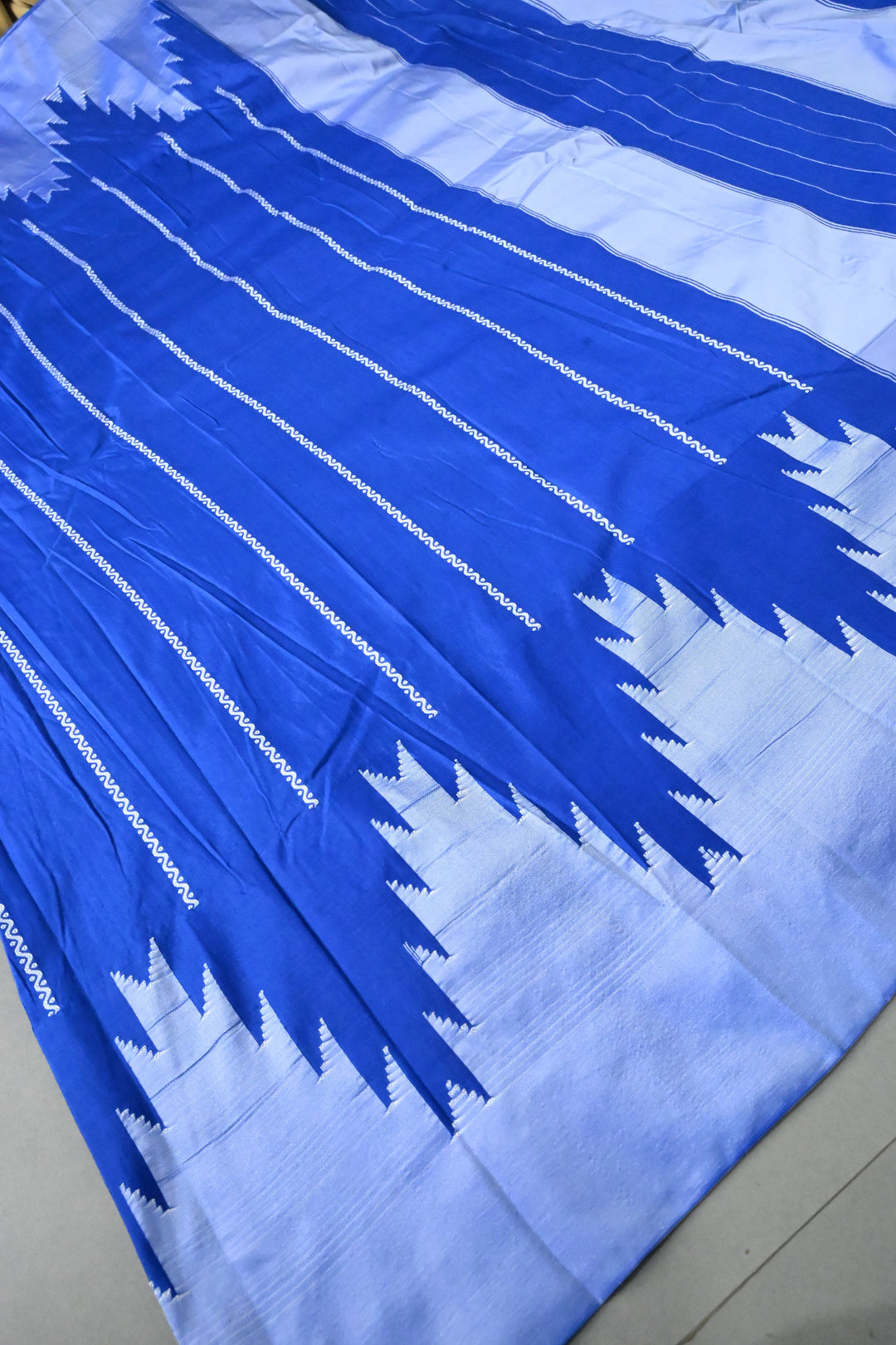 Royal Blue Zariless Ilkal Weave Art Silk Bagalkote Saree with Resham Veldhari Horizontal Stripes and Contrast Temple Border | SHOBITAM