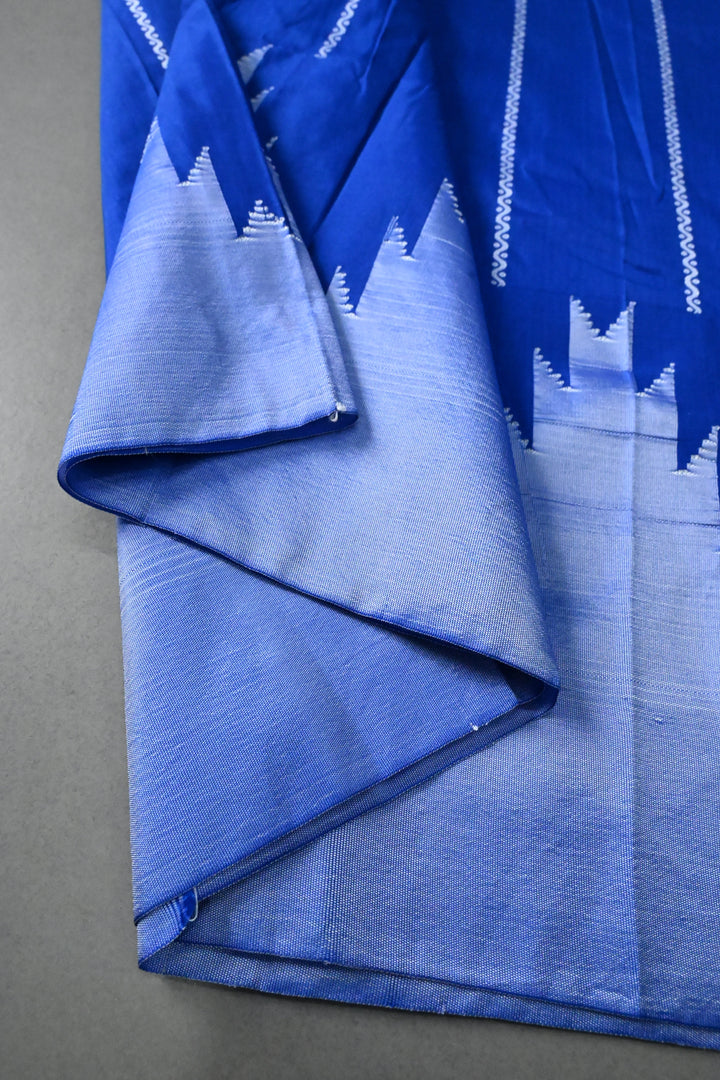 Royal Blue Zariless Ilkal Weave Art Silk Bagalkote Saree with Resham Veldhari Horizontal Stripes and Contrast Temple Border | SHOBITAM