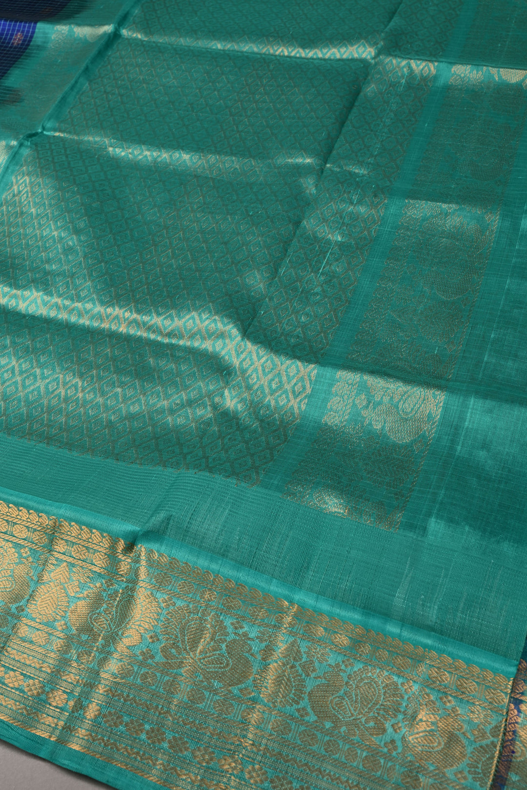 Blue Dual Tone Self Checks Design On Kanchi Silk Cotton Handloom Saree with Zari Buttas and Contrast Zari Border | SHOBITAM