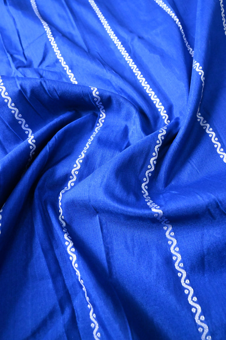 Royal Blue Zariless Ilkal Weave Art Silk Bagalkote Saree with Resham Veldhari Horizontal Stripes and Contrast Temple Border | SHOBITAM