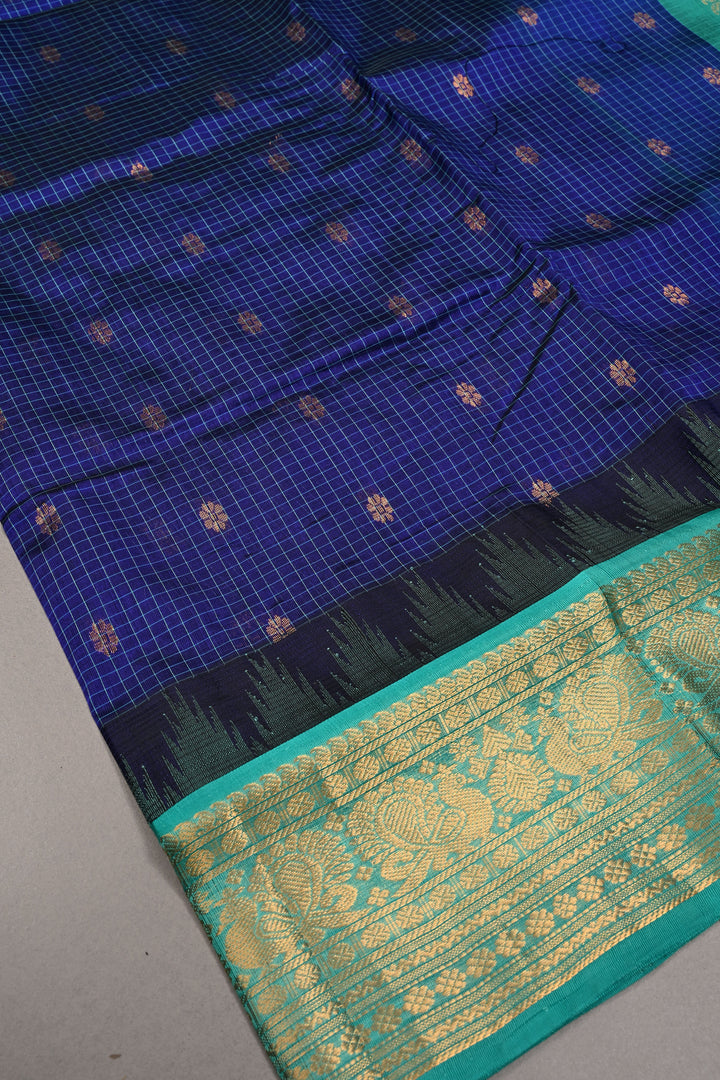 Blue Dual Tone Self Checks Design On Kanchi Silk Cotton Handloom Saree with Zari Buttas and Contrast Zari Border | SHOBITAM