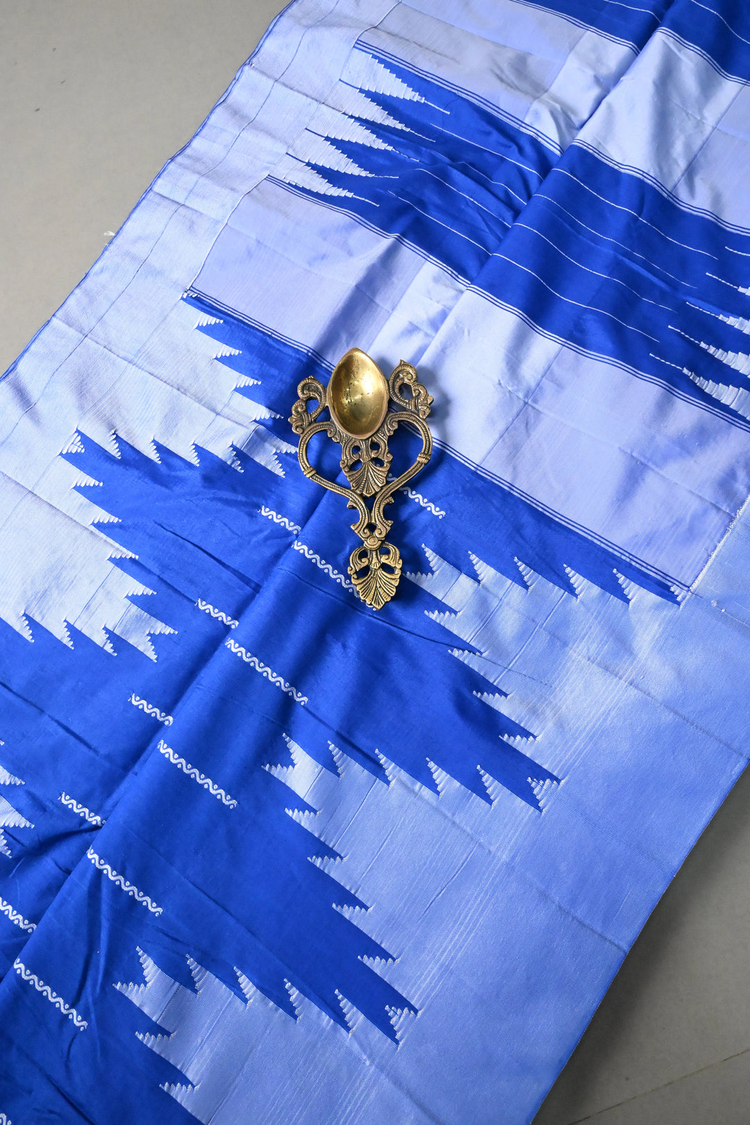 Royal Blue Zariless Ilkal Weave Art Silk Bagalkote Saree with Resham Veldhari Horizontal Stripes and Contrast Temple Border | SHOBITAM
