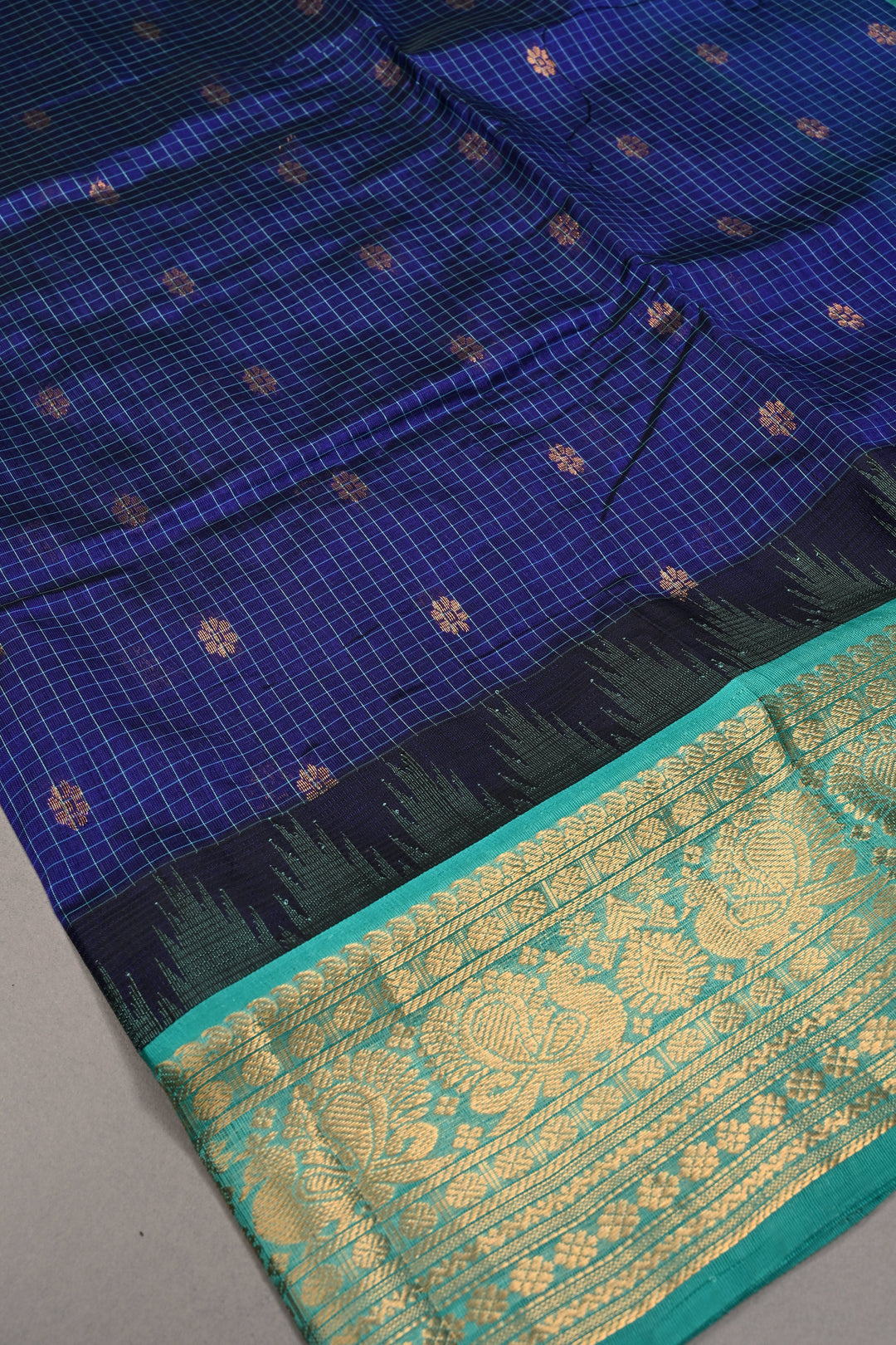 Blue Dual Tone Self Checks Design On Kanchi Silk Cotton Handloom Saree with Zari Buttas and Contrast Zari Border | SHOBITAM