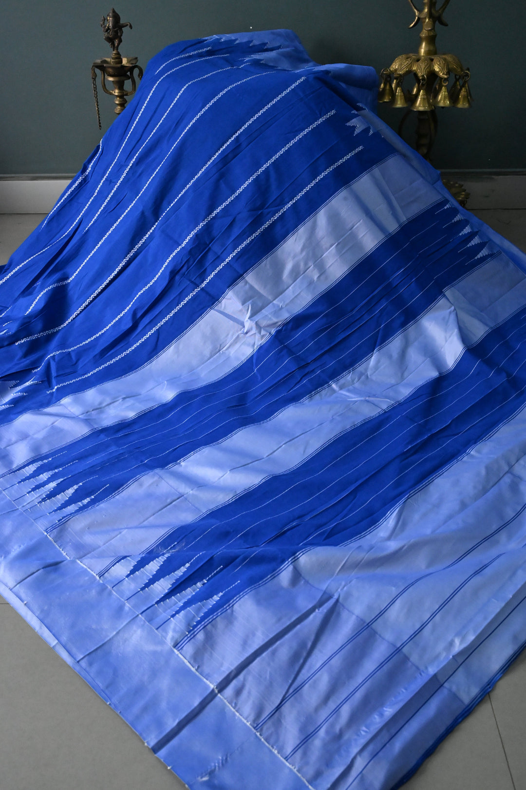 Royal Blue Zariless Ilkal Weave Art Silk Bagalkote Saree with Resham Veldhari Horizontal Stripes and Contrast Temple Border | SHOBITAM