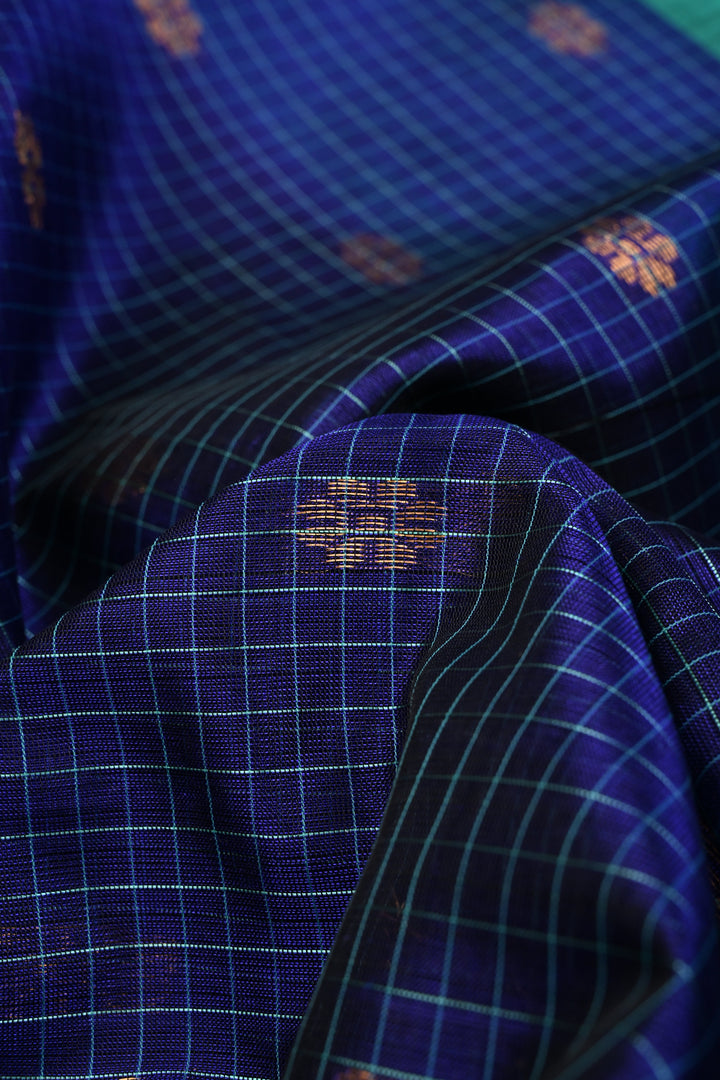 Blue Dual Tone Self Checks Design On Kanchi Silk Cotton Handloom Saree with Zari Buttas and Contrast Zari Border | SHOBITAM