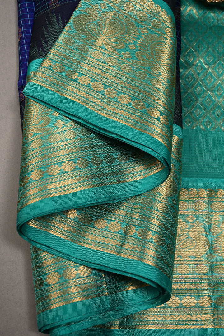 Blue Dual Tone Self Checks Design On Kanchi Silk Cotton Handloom Saree with Zari Buttas and Contrast Zari Border | SHOBITAM