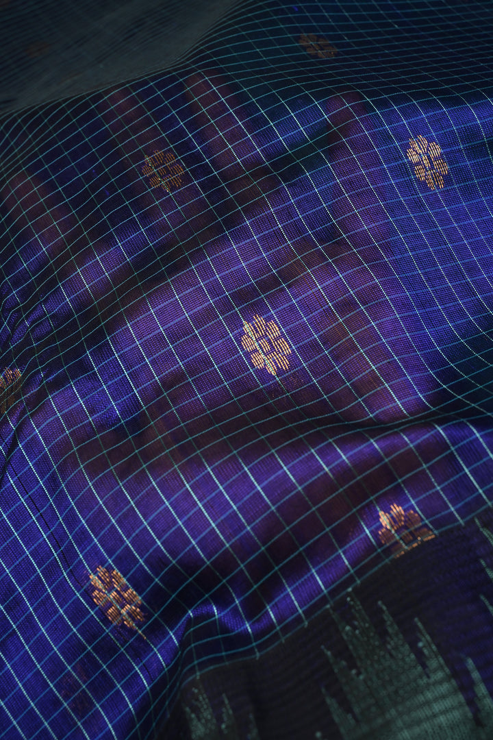 Blue Dual Tone Self Checks Design On Kanchi Silk Cotton Handloom Saree with Zari Buttas and Contrast Zari Border | SHOBITAM