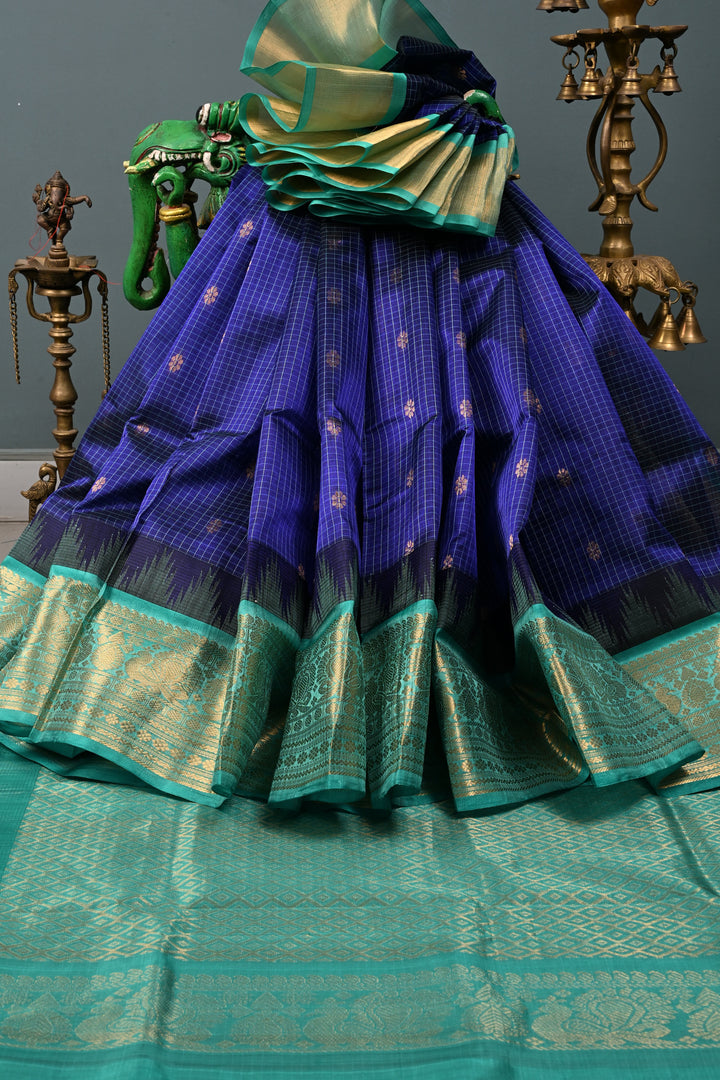 Blue Dual Tone Self Checks Design On Kanchi Silk Cotton Handloom Saree with Zari Buttas and Contrast Zari Border | SHOBITAM