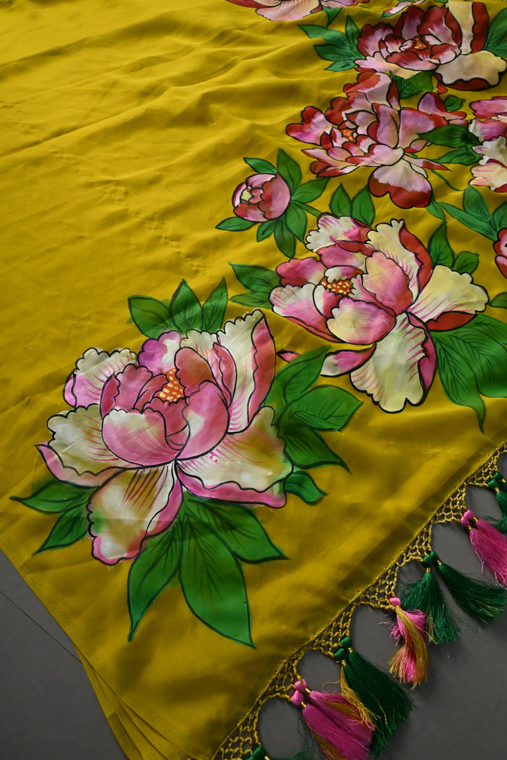 Mustard Yellow Shimmer Georgette Saree with Floral Handpainted , No Blouse Piece | SHOBITAM