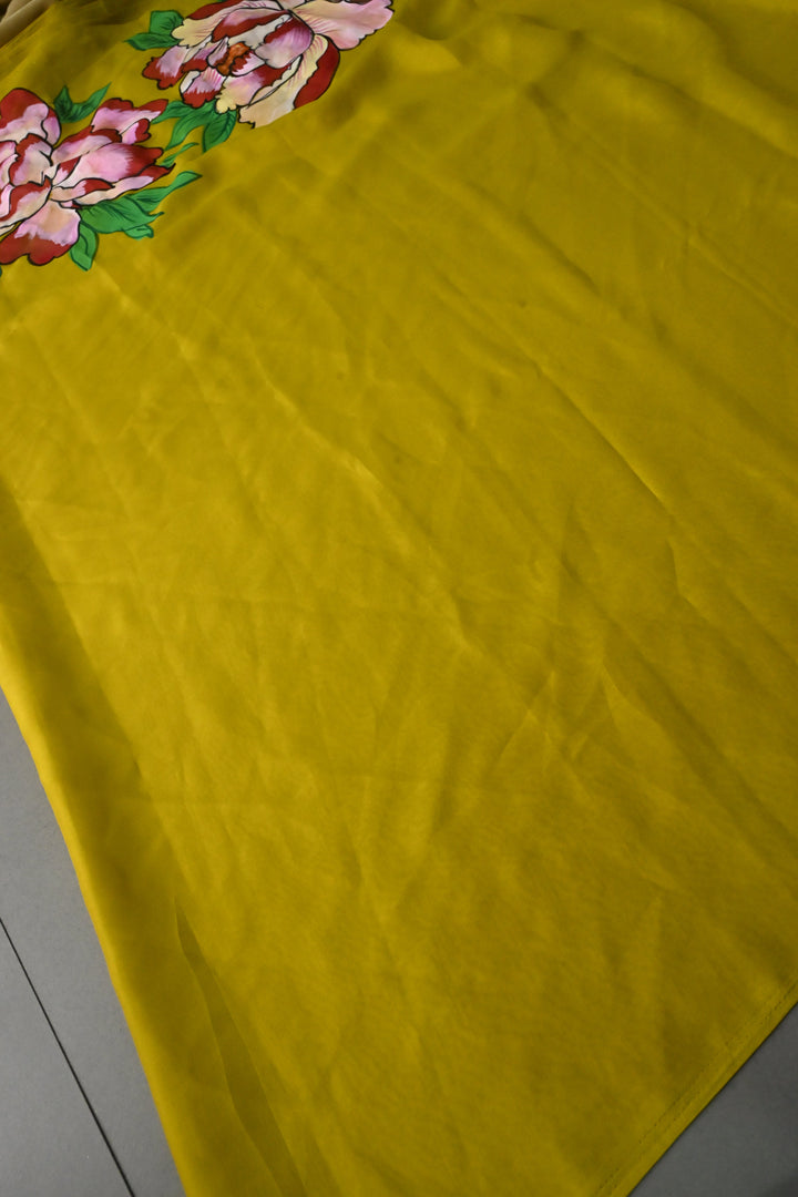 Mustard Yellow Shimmer Georgette Saree with Floral Handpainted , No Blouse Piece | SHOBITAM
