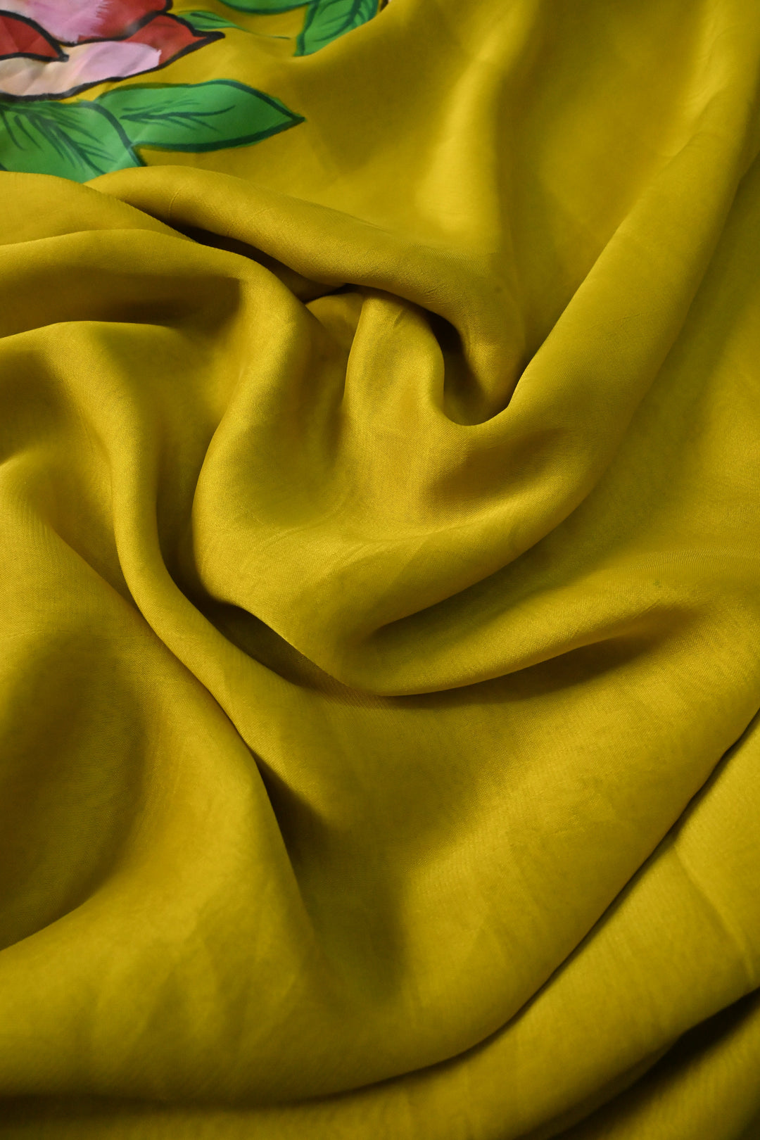 Mustard Yellow Shimmer Georgette Saree with Floral Handpainted , No Blouse Piece | SHOBITAM