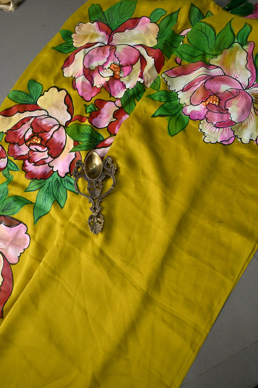 Mustard Yellow Shimmer Georgette Saree with Floral Handpainted , No Blouse Piece | SHOBITAM