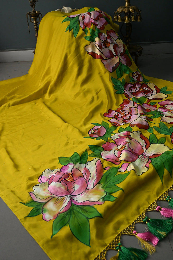 Mustard Yellow Shimmer Georgette Saree with Floral Handpainted , No Blouse Piece | SHOBITAM