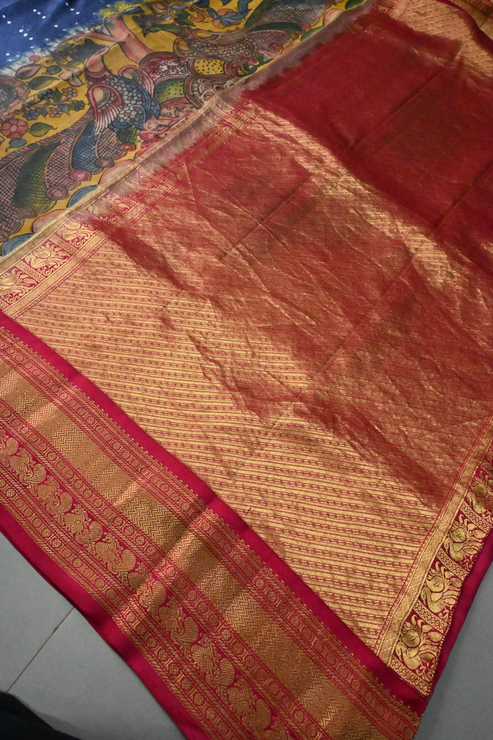 Prussian Blue  Bandhni Design on Pure Kanjivaram Silk Jugalbandi Saree with Pen Kalamkari Panel and Contrast Zari Border | SILK MARK CERTIFIED | SHOBITAM
