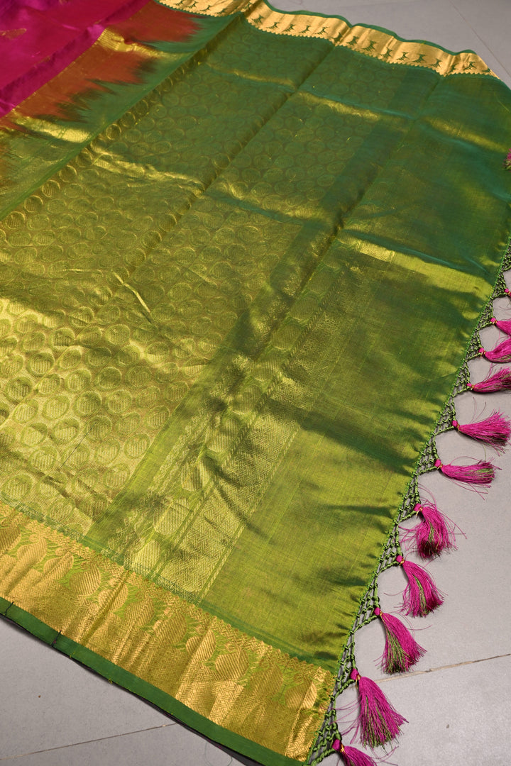 Rani Pink Kanchi Silk Cotton Handloom Saree with Birds Zari Buttas and Mango Zari Border | SHOBITAM
