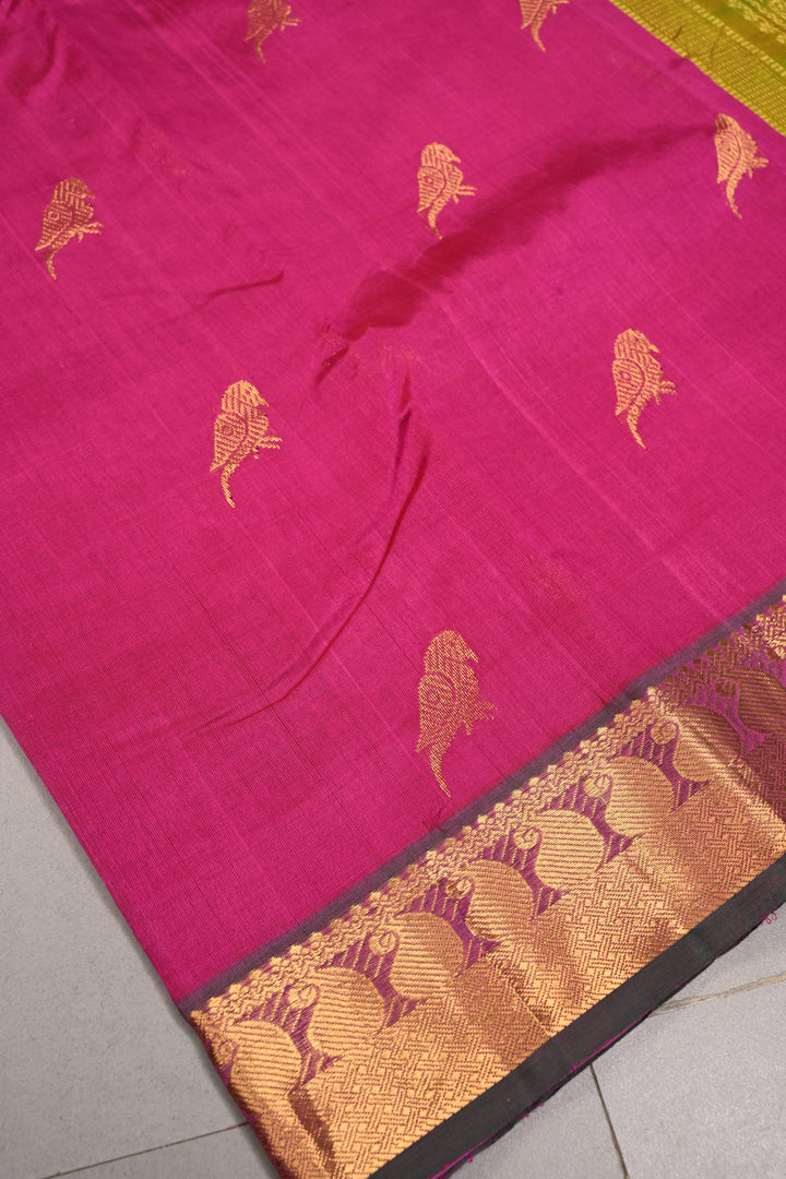 Rani Pink Kanchi Silk Cotton Handloom Saree with Birds Zari Buttas and Mango Zari Border | SHOBITAM