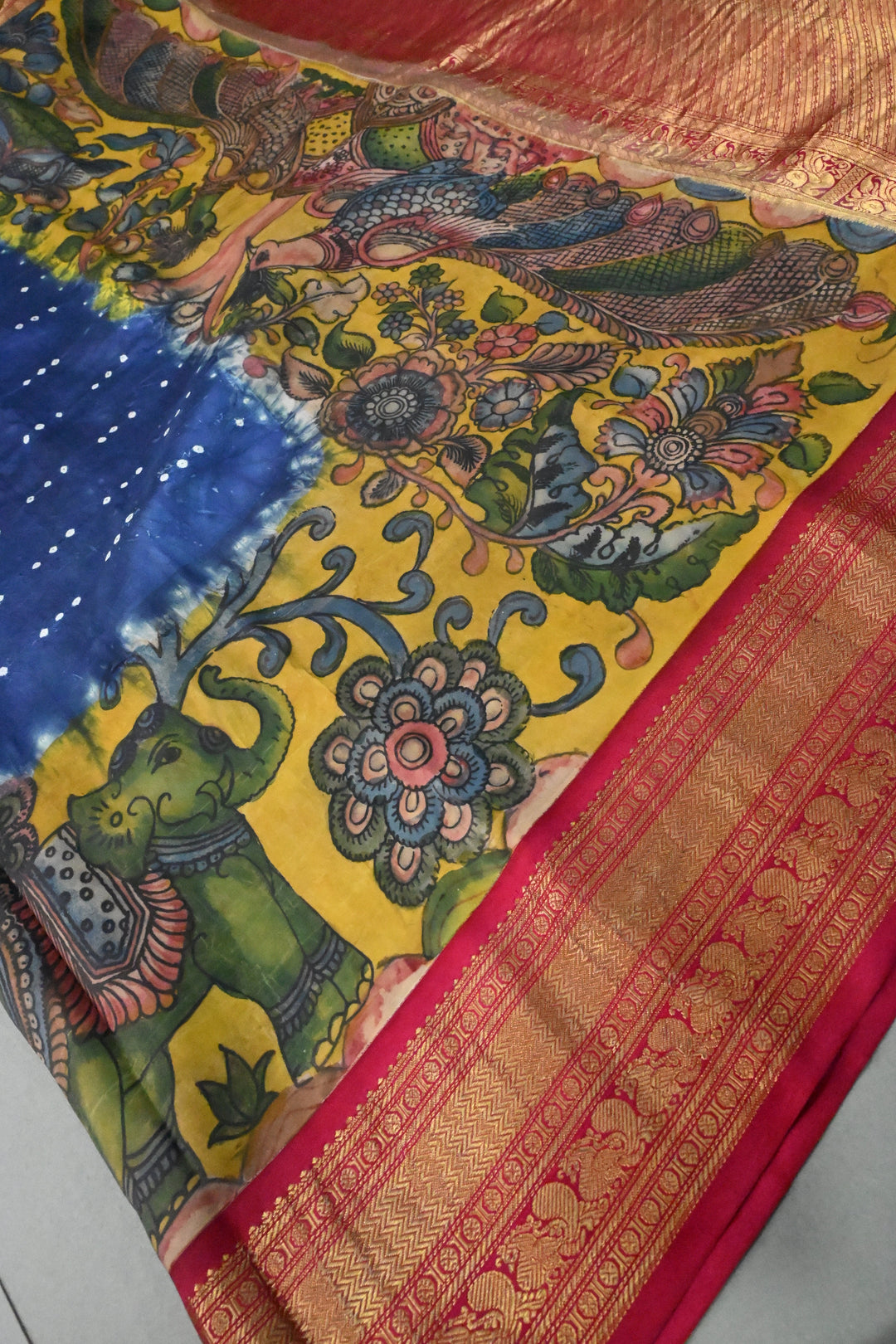 Prussian Blue  Bandhni Design on Pure Kanjivaram Silk Jugalbandi Saree with Pen Kalamkari Panel and Contrast Zari Border | SILK MARK CERTIFIED | SHOBITAM