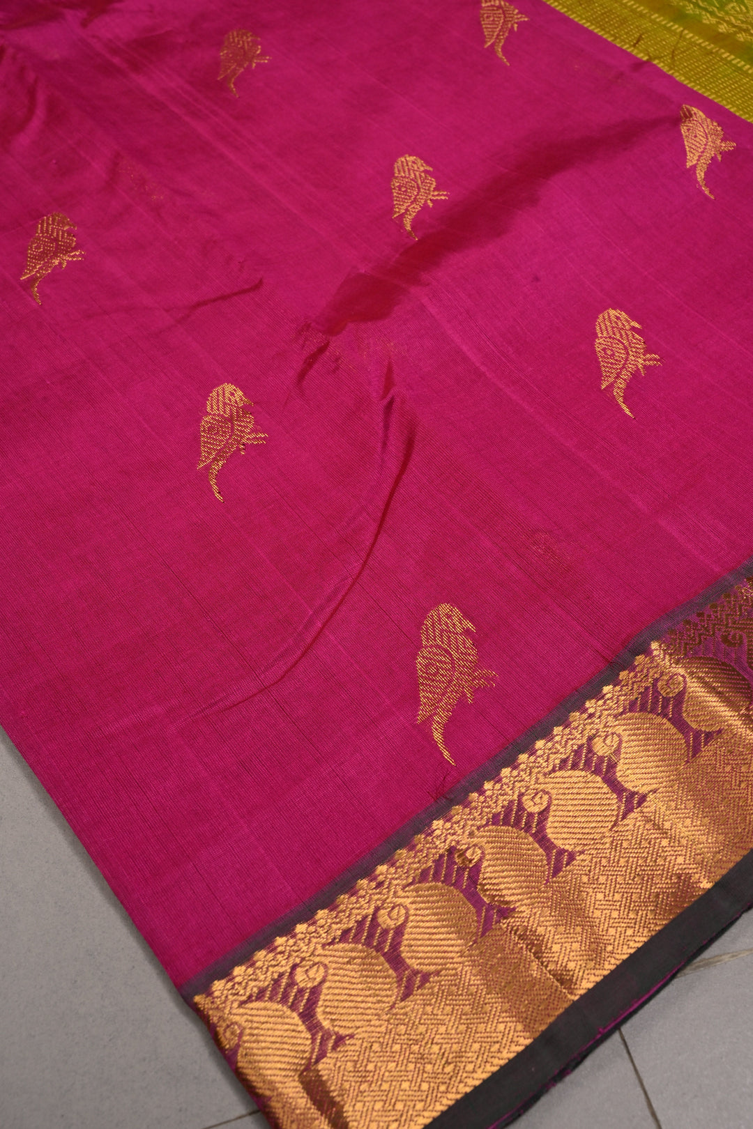 Rani Pink Kanchi Silk Cotton Handloom Saree with Birds Zari Buttas and Mango Zari Border | SHOBITAM