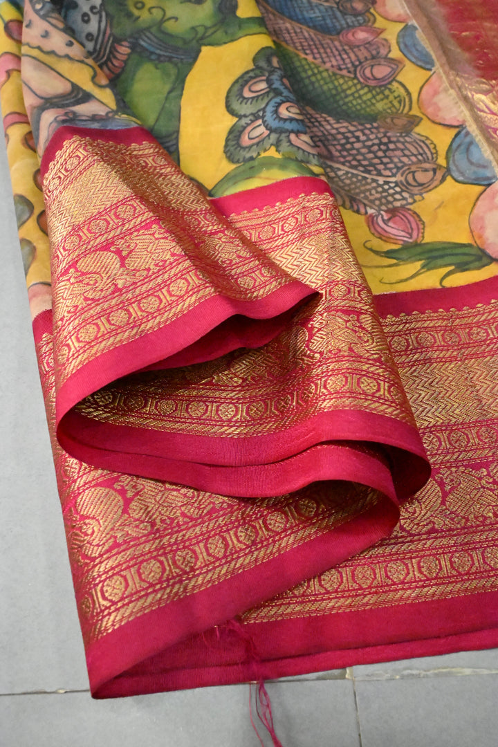 Prussian Blue  Bandhni Design on Pure Kanjivaram Silk Jugalbandi Saree with Pen Kalamkari Panel and Contrast Zari Border | SILK MARK CERTIFIED | SHOBITAM