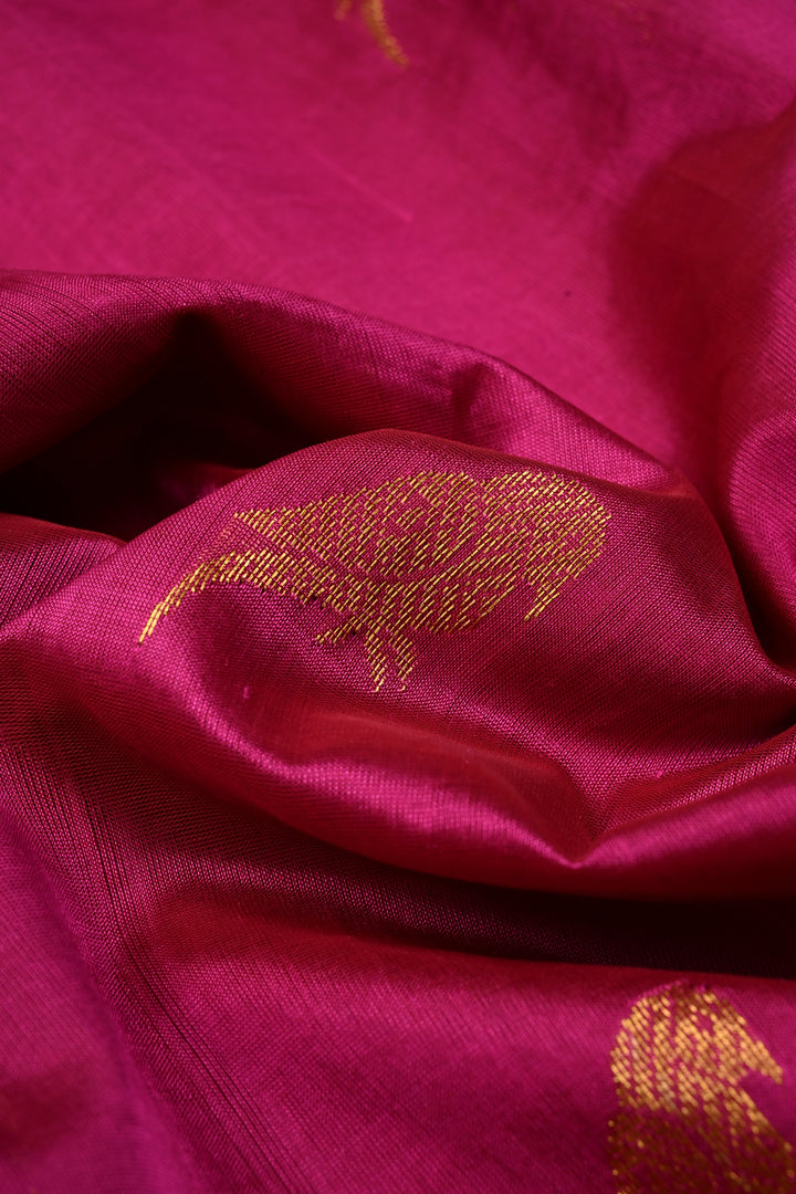 Rani Pink Kanchi Silk Cotton Handloom Saree with Birds Zari Buttas and Mango Zari Border | SHOBITAM