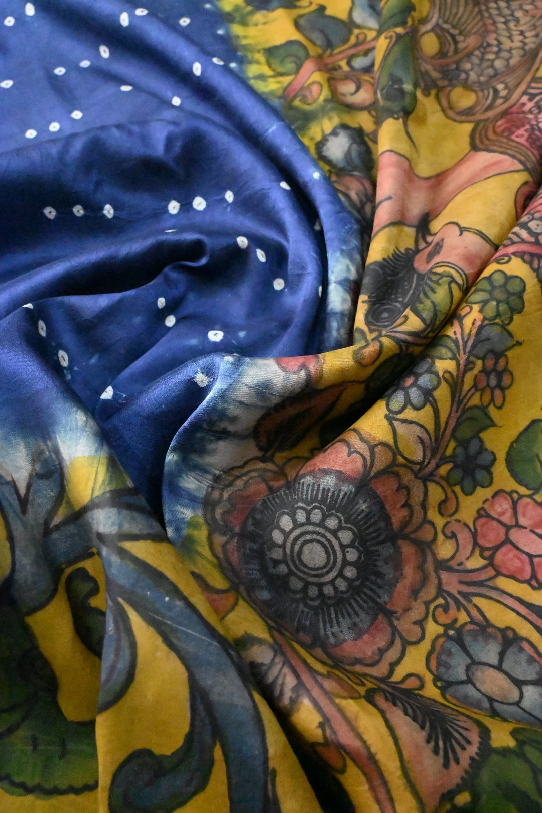Prussian Blue  Bandhni Design on Pure Kanjivaram Silk Jugalbandi Saree with Pen Kalamkari Panel and Contrast Zari Border | SILK MARK CERTIFIED | SHOBITAM