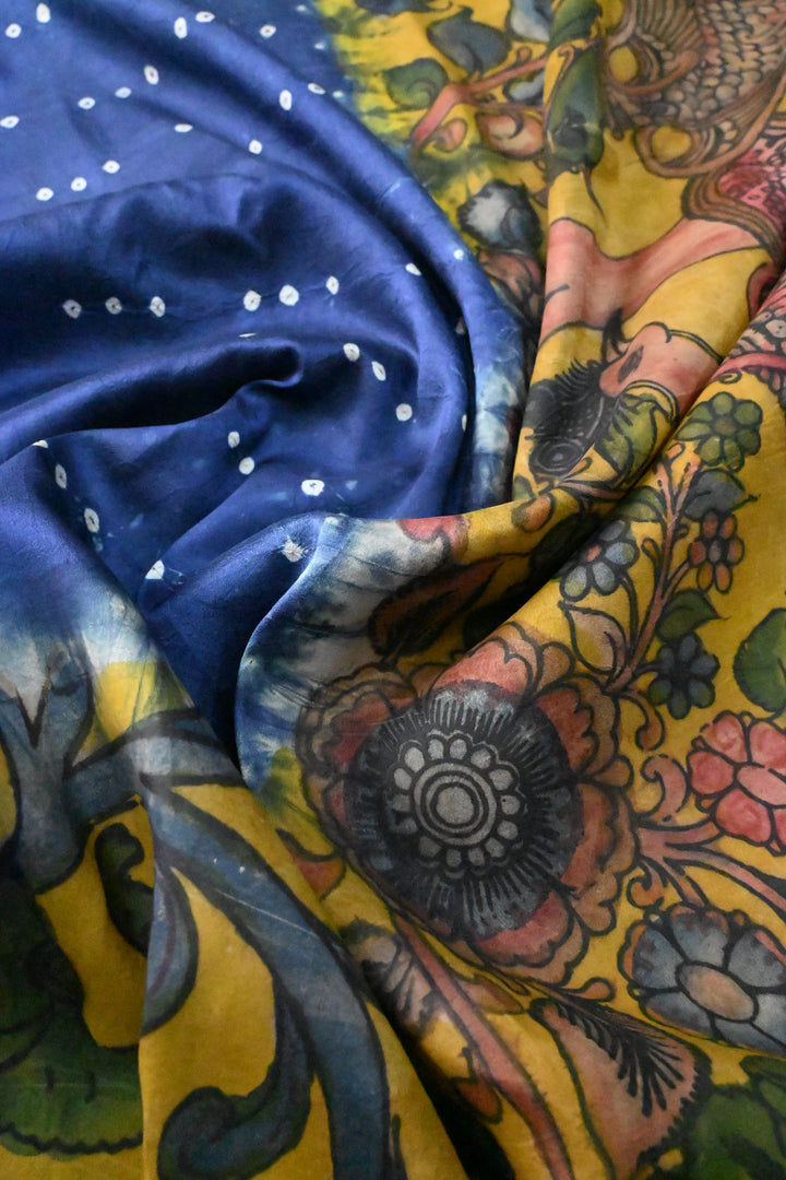 Prussian Blue  Bandhni Design on Pure Kanjivaram Silk Jugalbandi Saree with Pen Kalamkari Panel and Contrast Zari Border | SILK MARK CERTIFIED | SHOBITAM