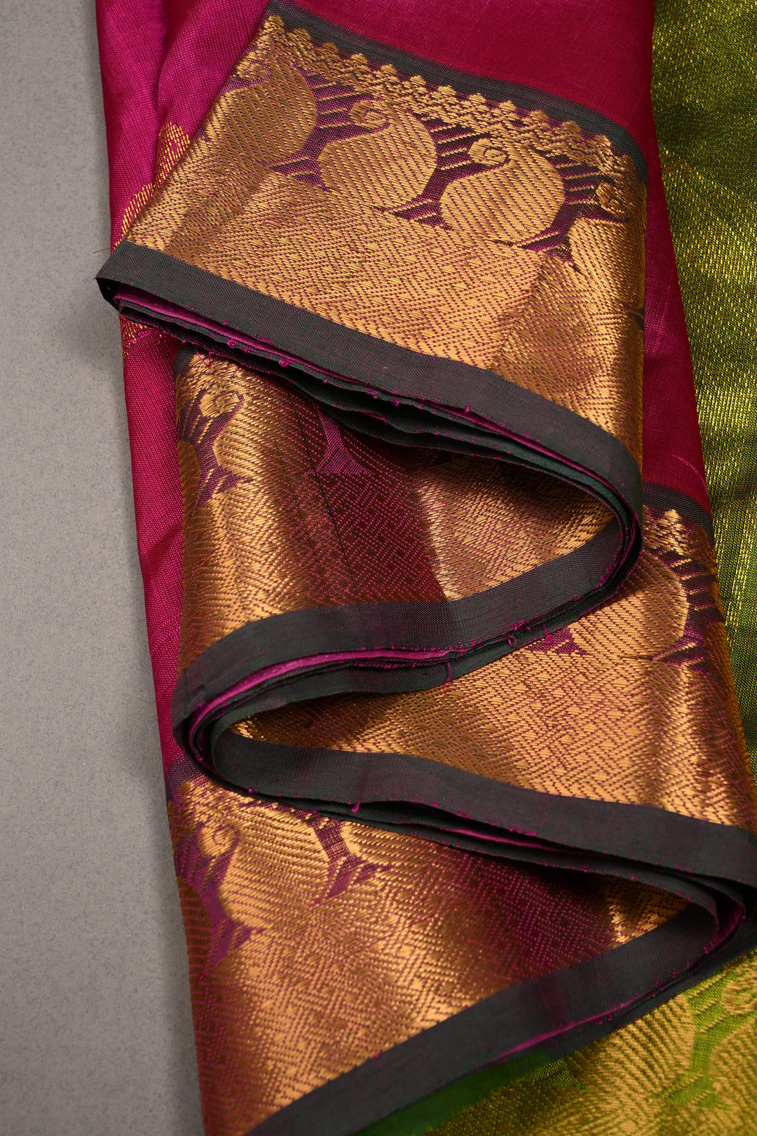 Rani Pink Kanchi Silk Cotton Handloom Saree with Birds Zari Buttas and Mango Zari Border | SHOBITAM
