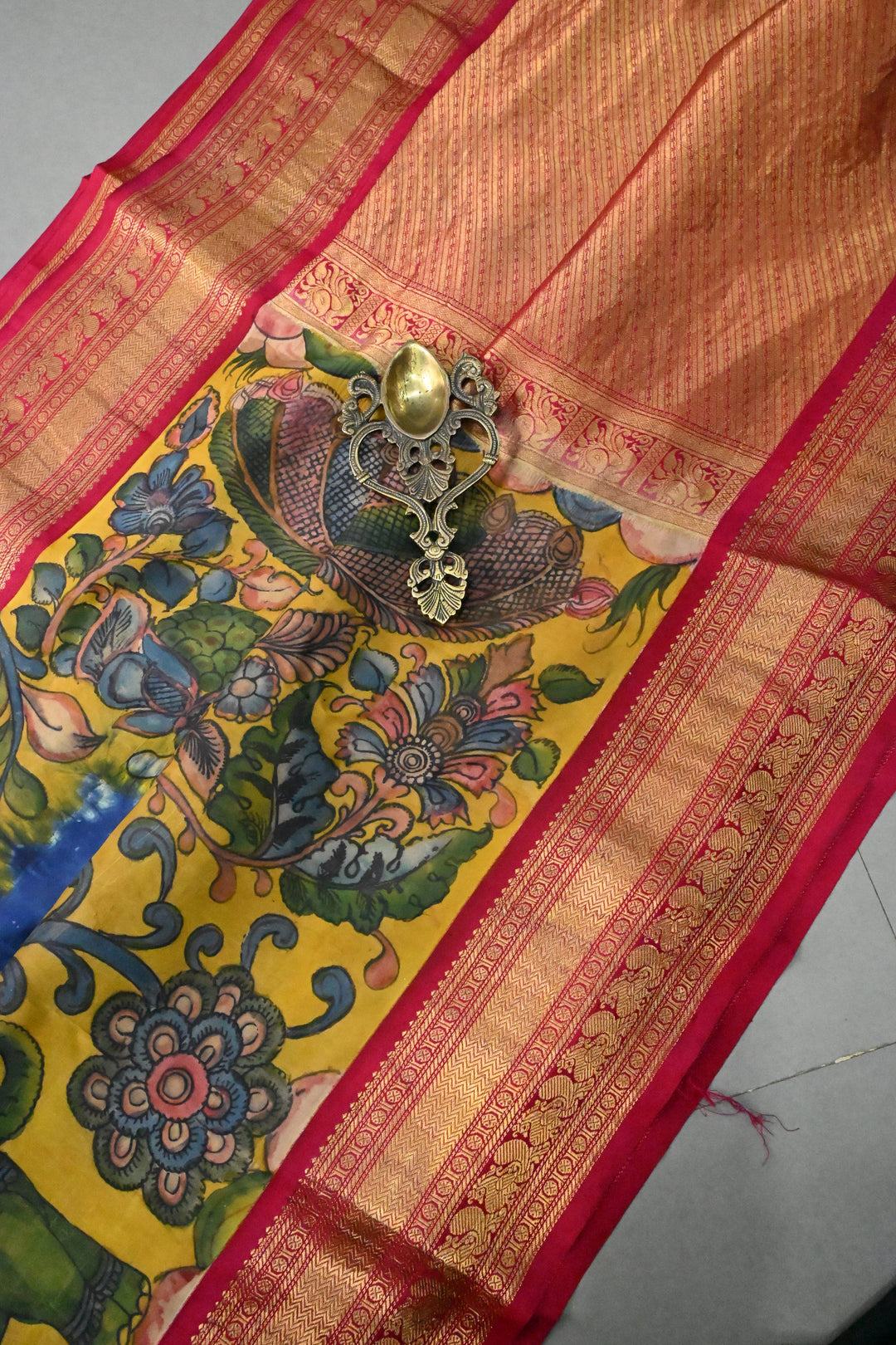 Prussian Blue  Bandhni Design on Pure Kanjivaram Silk Jugalbandi Saree with Pen Kalamkari Panel and Contrast Zari Border | SILK MARK CERTIFIED | SHOBITAM