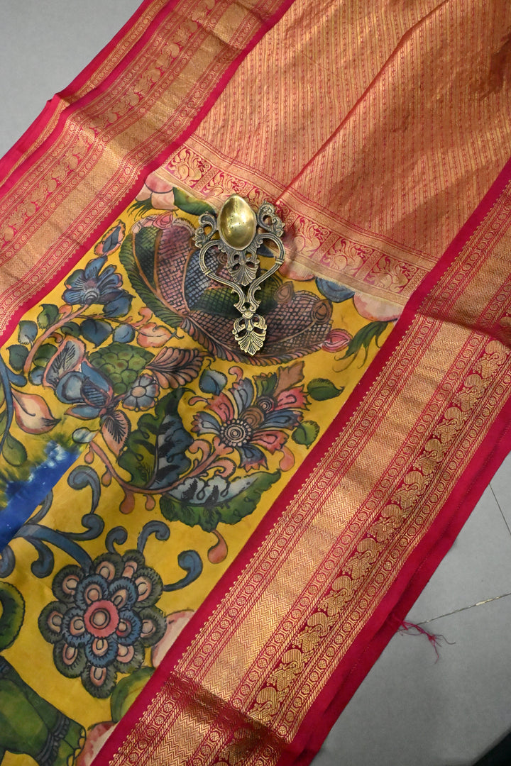Prussian Blue  Bandhni Design on Pure Kanjivaram Silk Jugalbandi Saree with Pen Kalamkari Panel and Contrast Zari Border | SILK MARK CERTIFIED | SHOBITAM