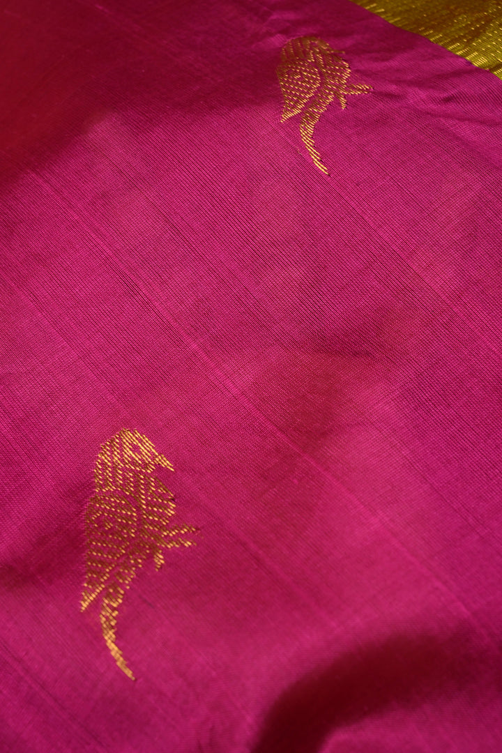 Rani Pink Kanchi Silk Cotton Handloom Saree with Birds Zari Buttas and Mango Zari Border | SHOBITAM