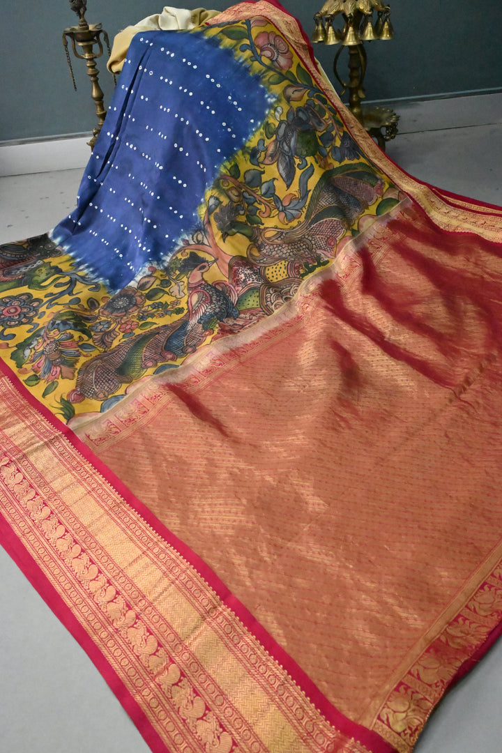 Prussian Blue  Bandhni Design on Pure Kanjivaram Silk Jugalbandi Saree with Pen Kalamkari Panel and Contrast Zari Border | SILK MARK CERTIFIED | SHOBITAM