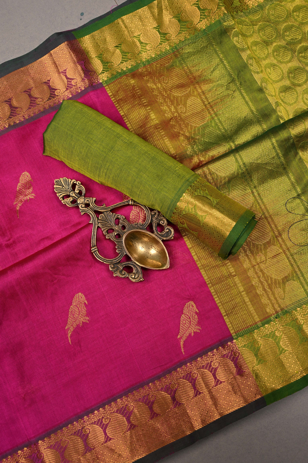 Rani Pink Kanchi Silk Cotton Handloom Saree with Birds Zari Buttas and Mango Zari Border | SHOBITAM