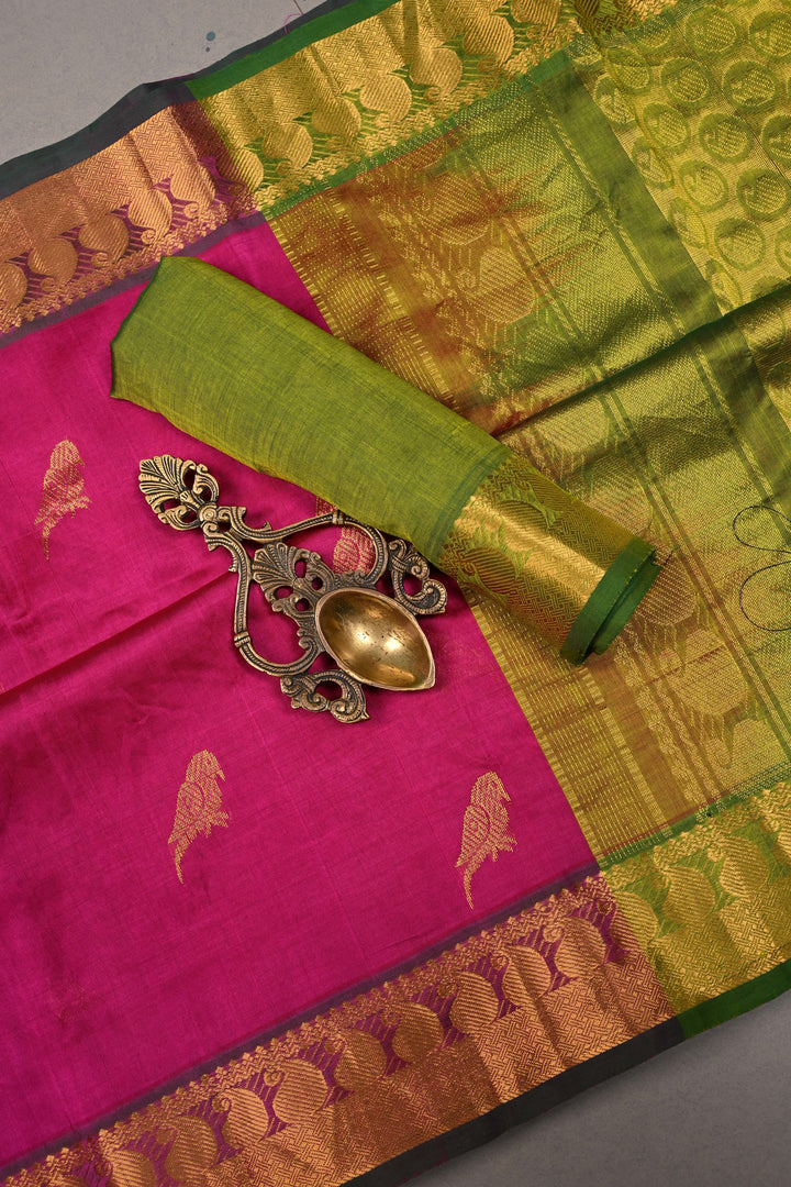 Rani Pink Kanchi Silk Cotton Handloom Saree with Birds Zari Buttas and Mango Zari Border | SHOBITAM