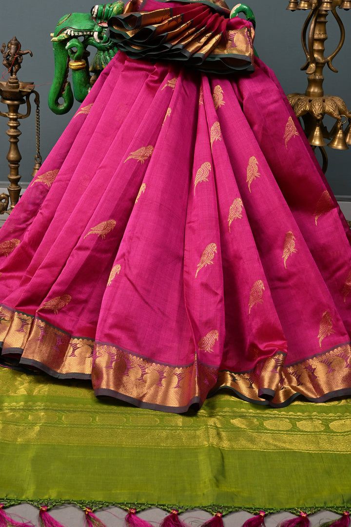 Rani Pink Kanchi Silk Cotton Handloom Saree with Birds Zari Buttas and Mango Zari Border | SHOBITAM