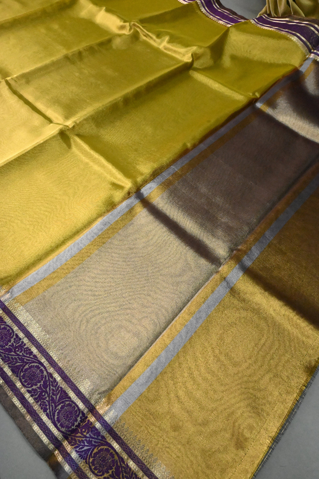 Moss Gold Tissue Art Silk Saree with Purple Contrast Thread Border | SHOBITAM