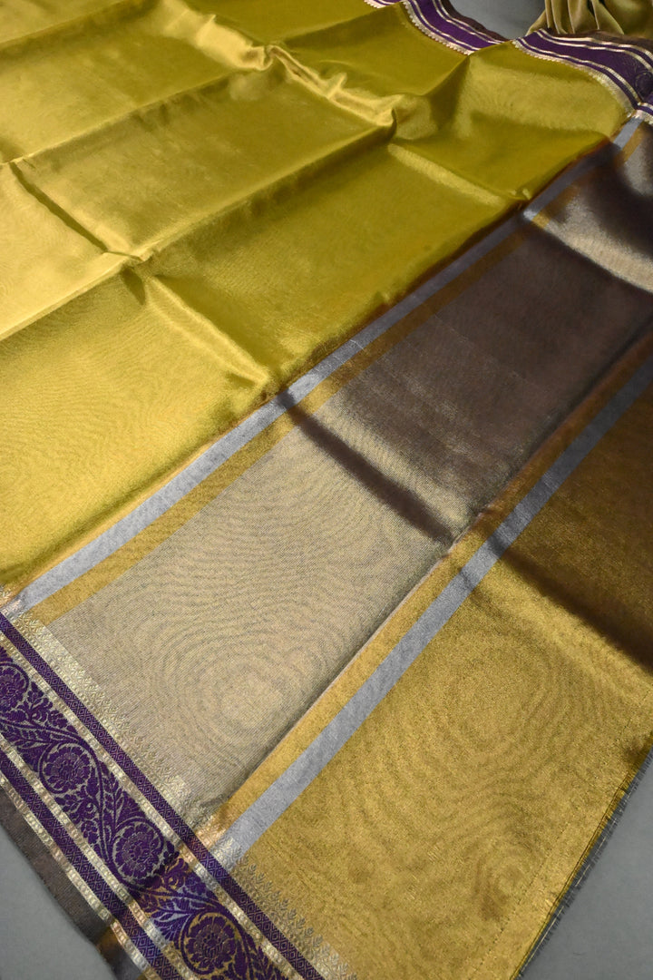 Moss Gold Tissue Art Silk Saree with Purple Contrast Thread Border | SHOBITAM
