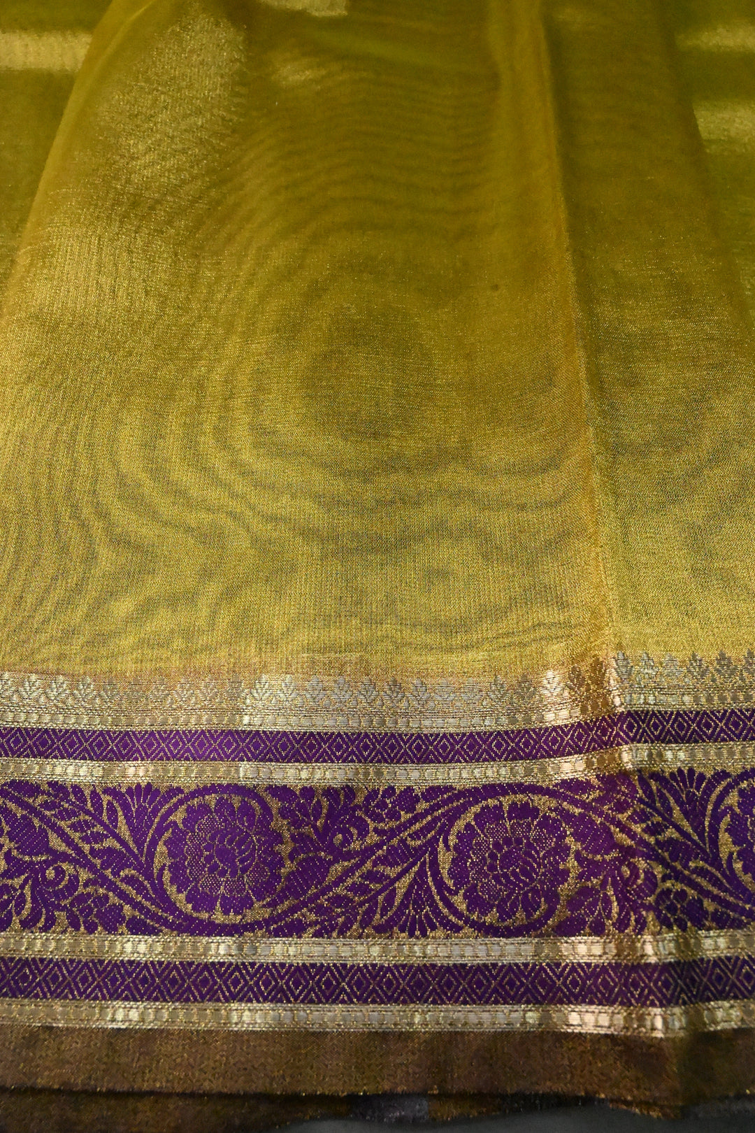 Moss Gold Tissue Art Silk Saree with Purple Contrast Thread Border | SHOBITAM