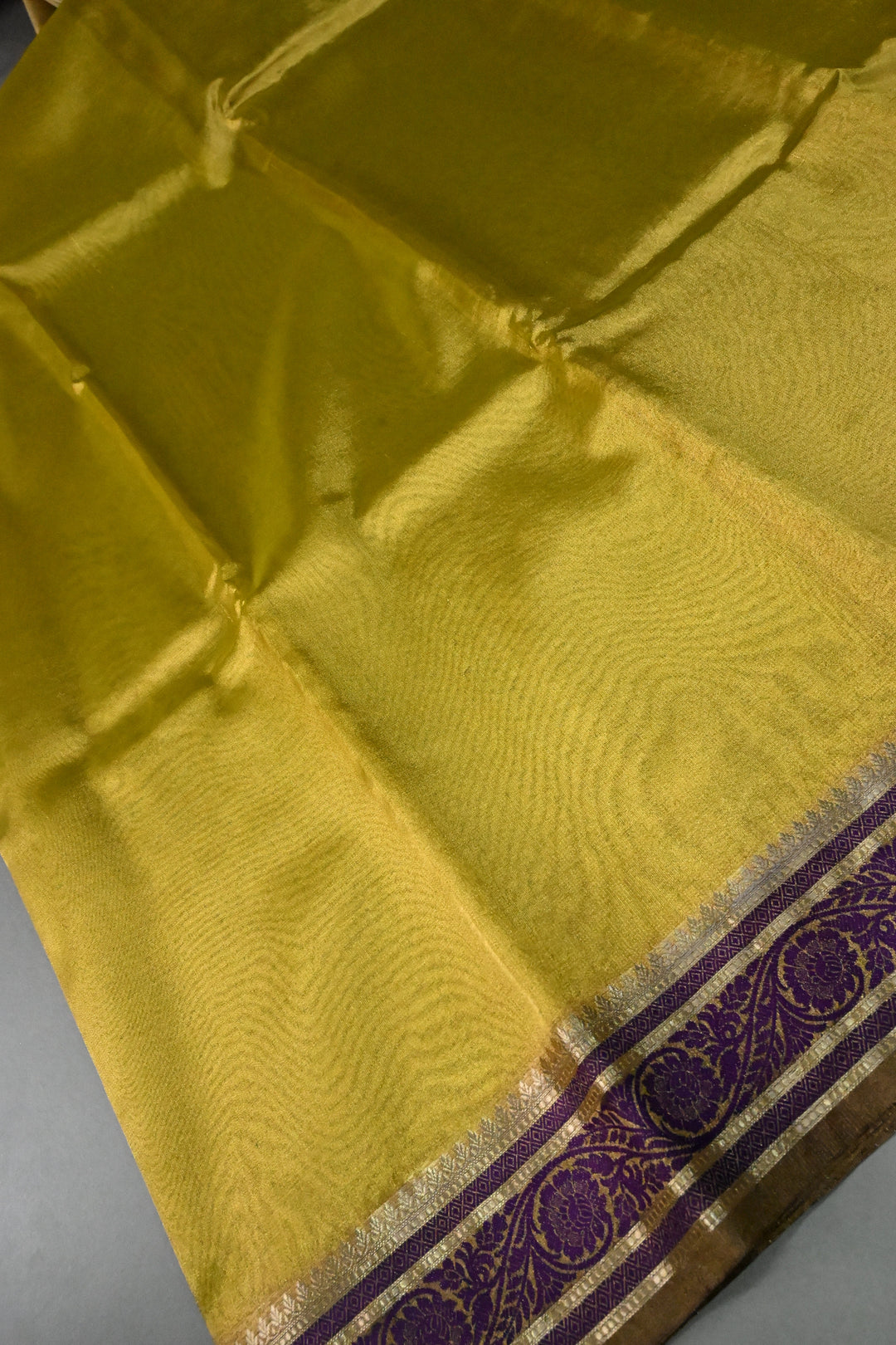 Moss Gold Tissue Art Silk Saree with Purple Contrast Thread Border | SHOBITAM