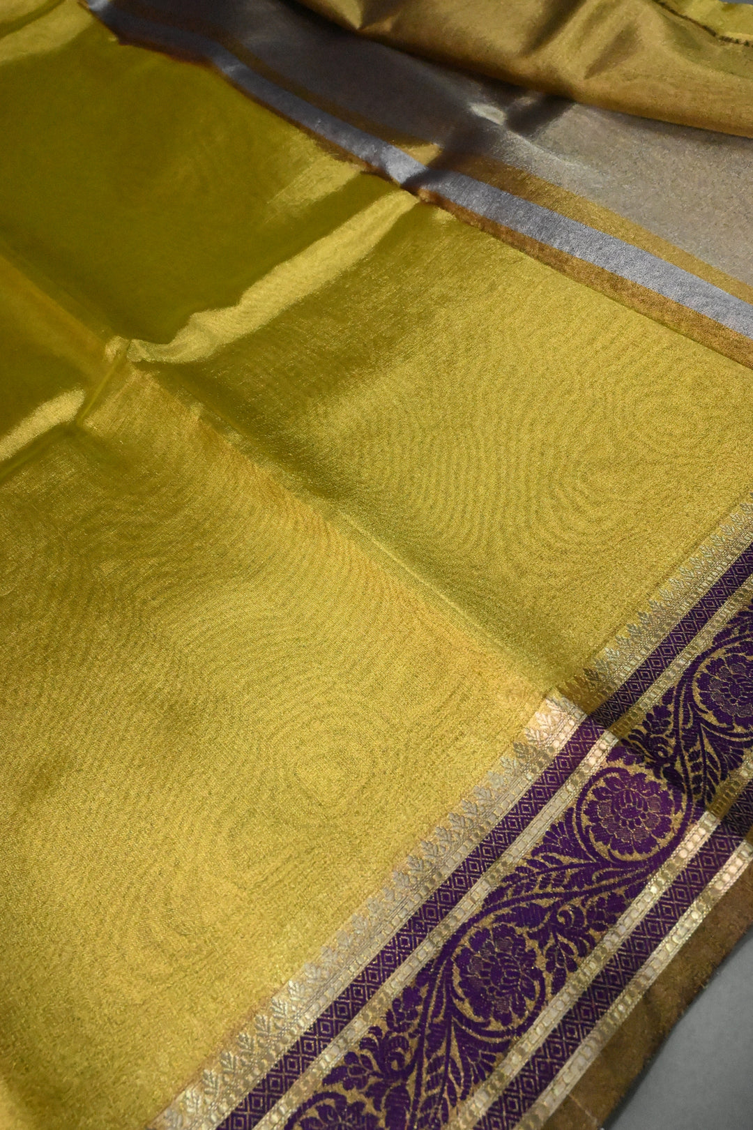 Moss Gold Tissue Art Silk Saree with Purple Contrast Thread Border | SHOBITAM