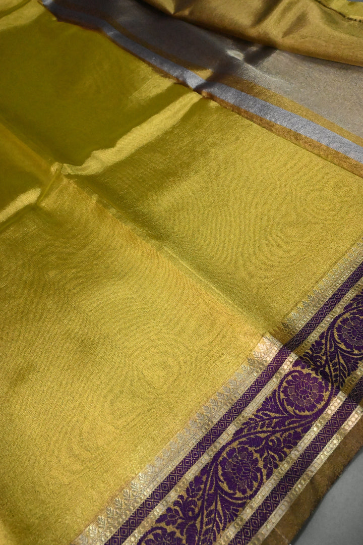 Moss Gold Tissue Art Silk Saree with Purple Contrast Thread Border | SHOBITAM