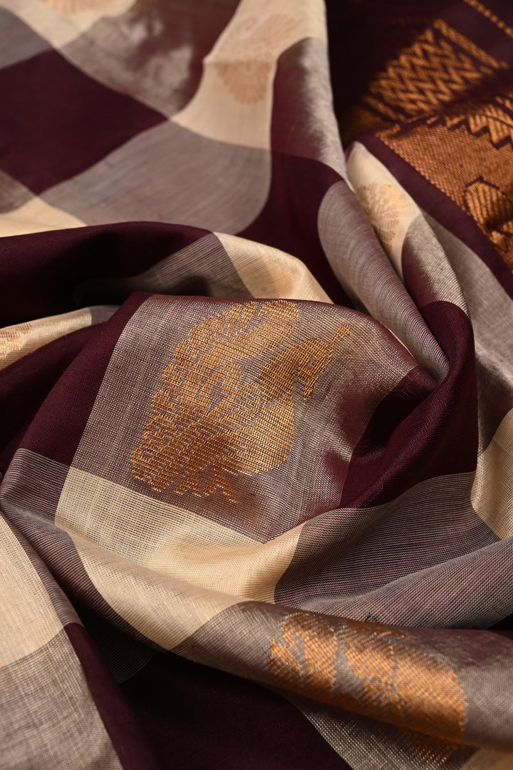 Ivory-Betel Nut Brown Palum Pazhamum Kanchi Silk Cotton Saree with Zari Buttas and Zari Border | SHOBITAM