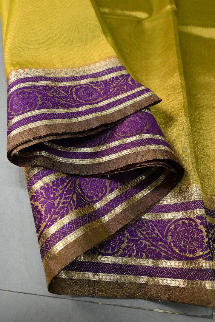 Moss Gold Tissue Art Silk Saree with Purple Contrast Thread Border | SHOBITAM
