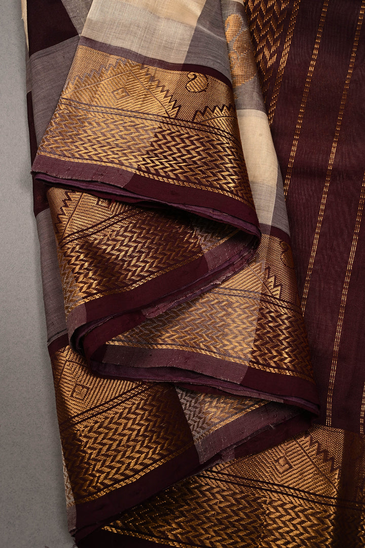 Ivory-Betel Nut Brown Palum Pazhamum Kanchi Silk Cotton Saree with Zari Buttas and Zari Border | SHOBITAM