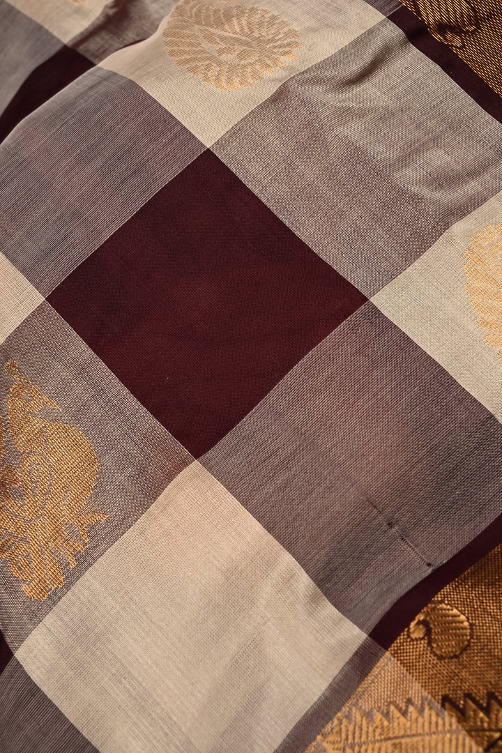 Ivory-Betel Nut Brown Palum Pazhamum Kanchi Silk Cotton Saree with Zari Buttas and Zari Border | SHOBITAM
