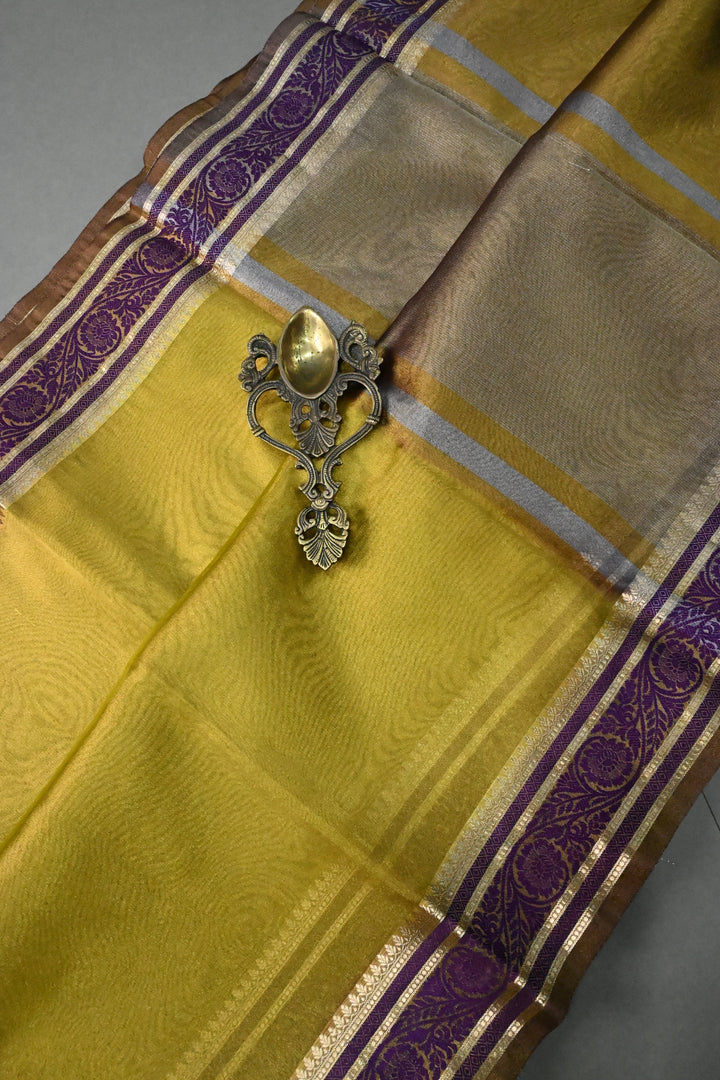 Moss Gold Tissue Art Silk Saree with Purple Contrast Thread Border | SHOBITAM